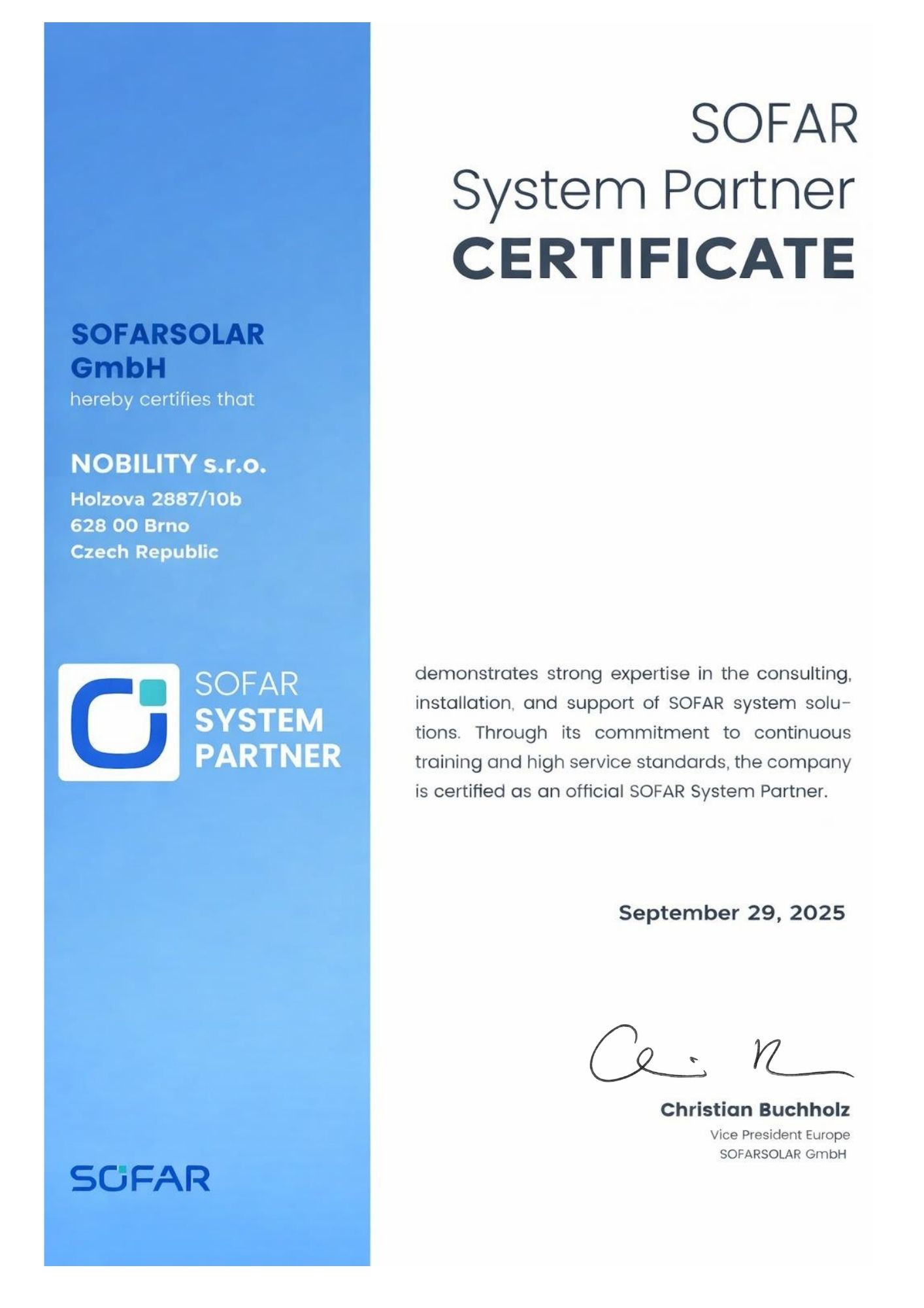 SofarSolar_System Partner_certificate
